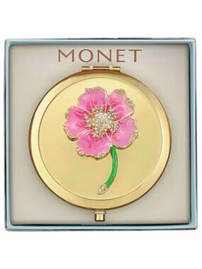 MONET Pink Flower Compact Mirror Gold Tone Rhinestone Enamel Figural New In Box